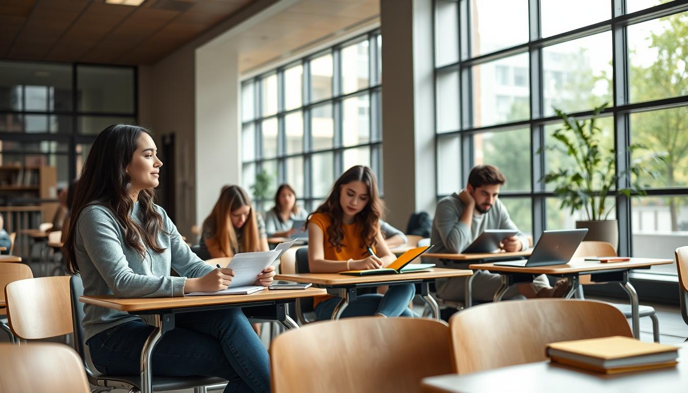 Students studying together in modern classroom